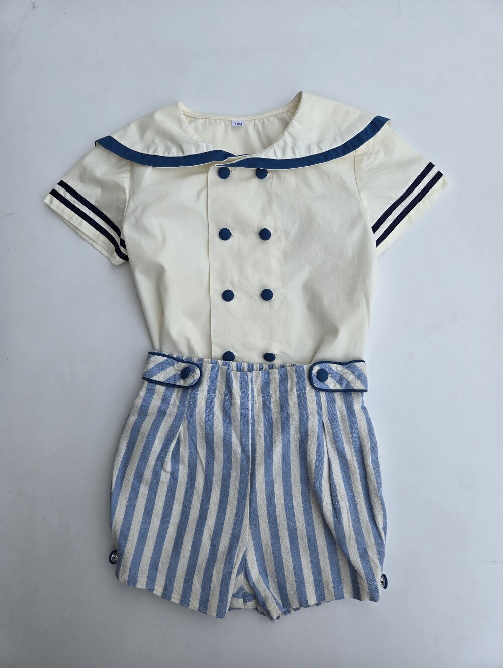 Mariner Collar Sailor-Inspired Striped Cream Blue 2 Piece Romper Set 18m